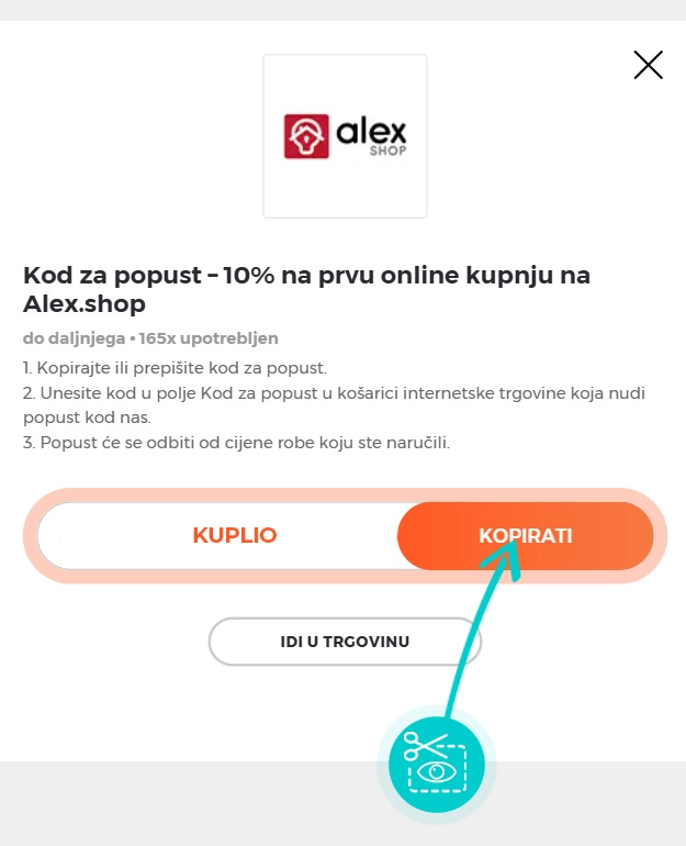 Upute za kopiranje koda za popust Alex.shop