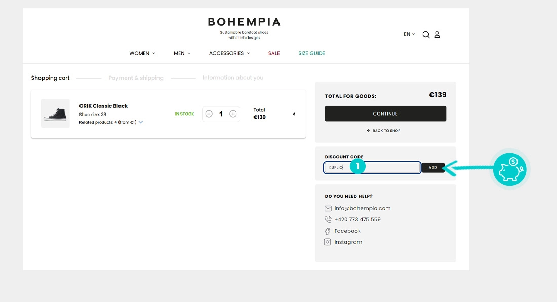 Upute kako primijeniti kod za popust u košarici internetske trgovine Bohempia
