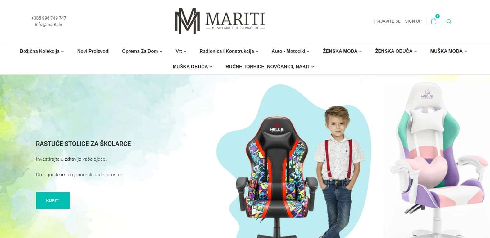 Naslovnica trgovine s gejmerskim stolicama i malim dječakom