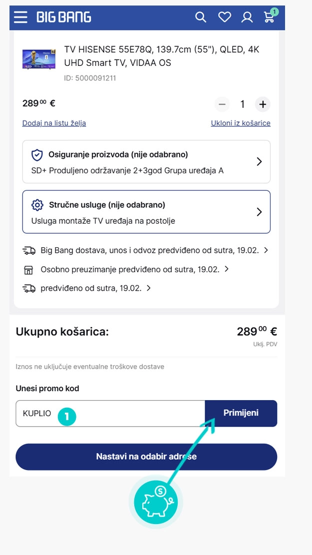 Upute kako primijeniti kod za popust u košarici internetske trgovine Big Bang