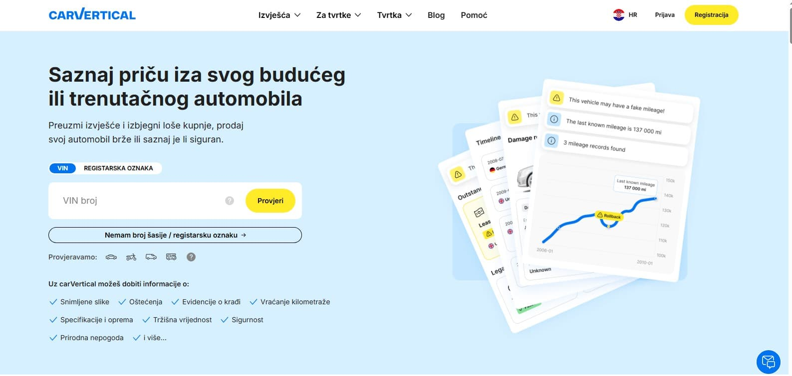 CarVertical ponuda na izvješća o automobilima
