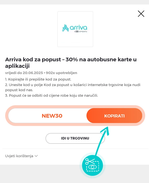 Upute za kopiranje koda za popust Arriva