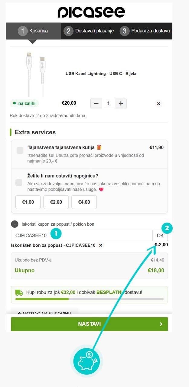 Upute kako primijeniti kod za popust u košarici internetske trgovine Picasee