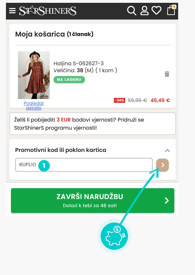 Upute kako primijeniti kod za popust u košarici internetske trgovine StarShiners