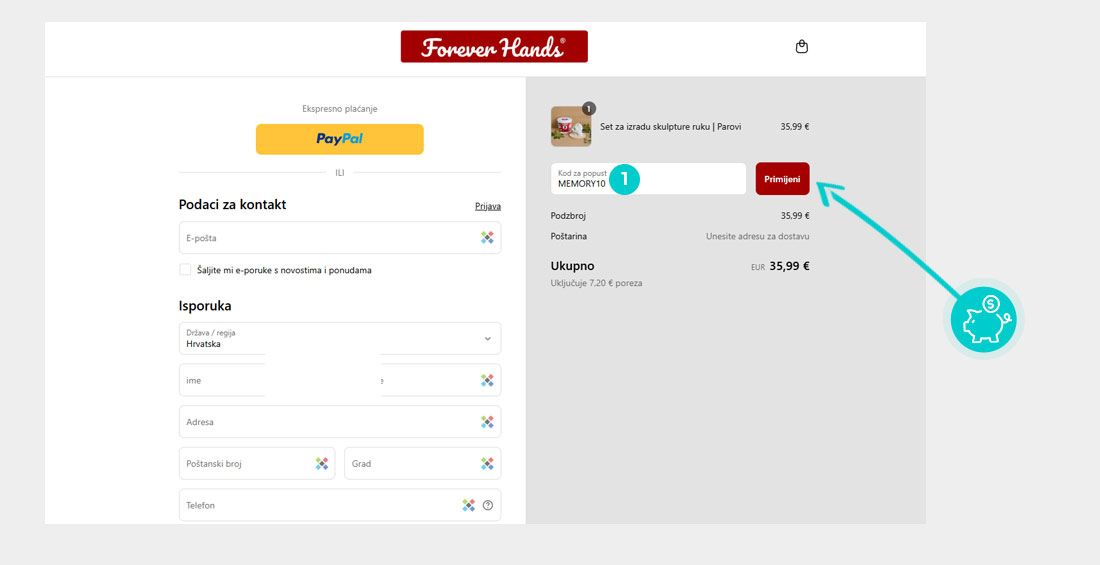 Upute kako primijeniti kod za popust u košarici internetske trgovine Forever Hands
