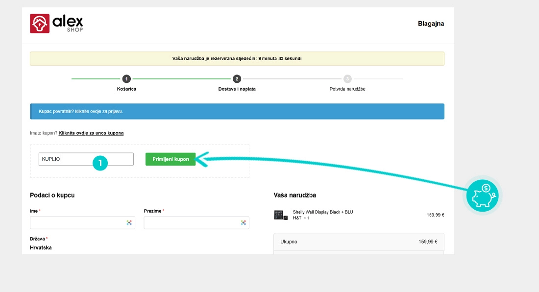 Upute kako primijeniti kod za popust u košarici internetske trgovine Alex.shop