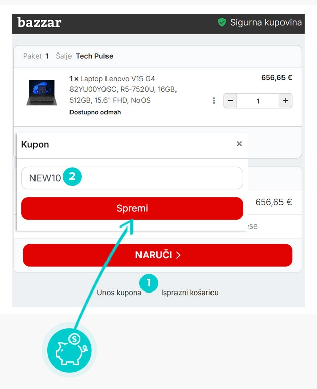 Upute kako primijeniti kod za popust u košarici internetske trgovine Bazzar