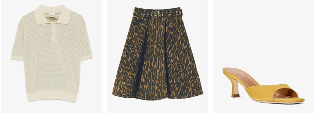 Bež polo majica, leopard suknja i žute sandale na štiklu
