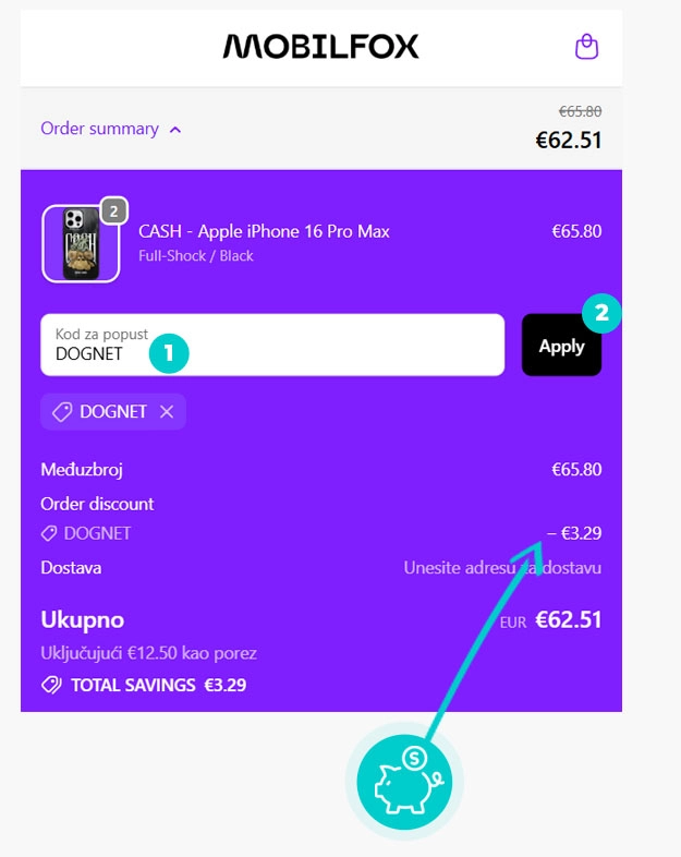 Upute kako primijeniti kod za popust u košarici internetske trgovine Mobilfox