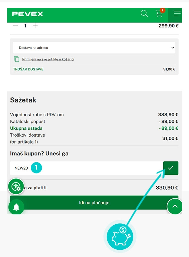 Upute kako primijeniti kod za popust u košarici internetske trgovine Pevex