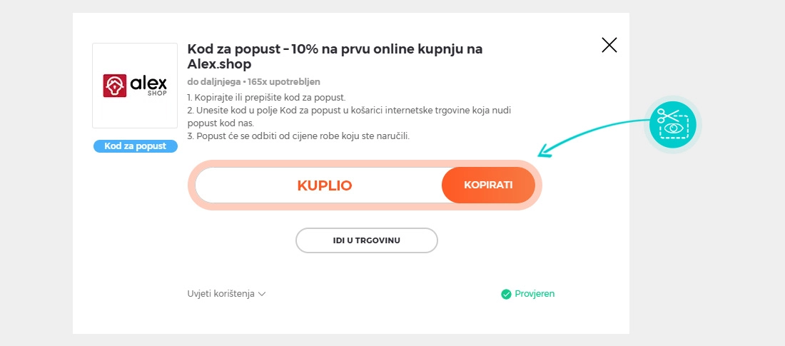 Upute za kopiranje koda za popust Alex.shop