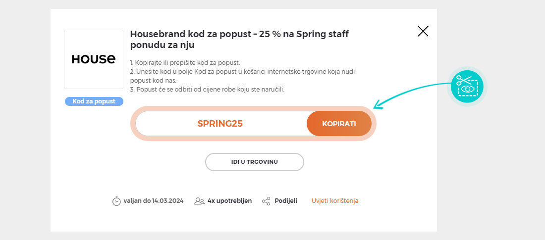 Upute za kopiranje koda za popust House