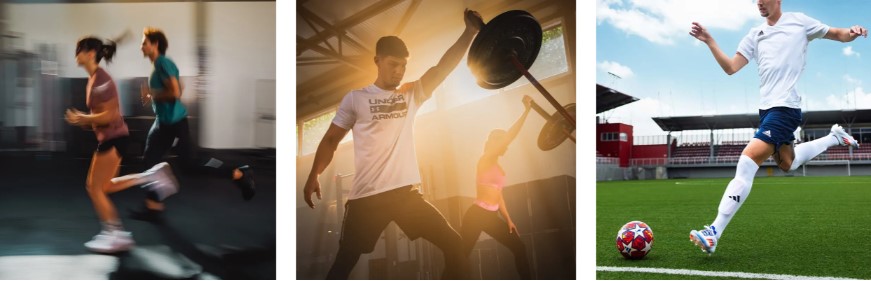 Ljudi koji trče, dižu utege i igraju nogomet na terenu