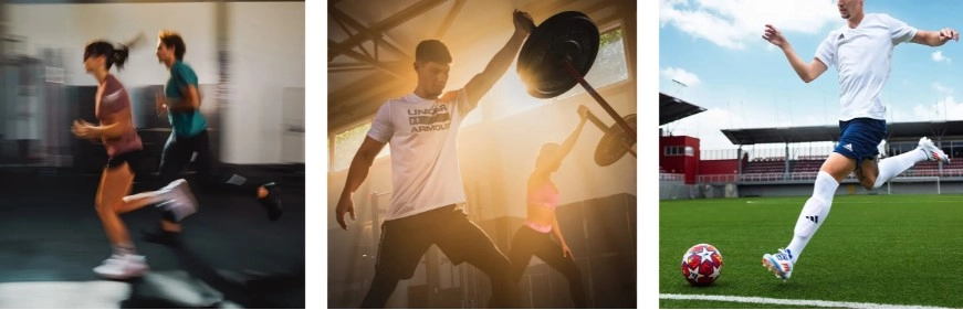 Ljudi koji trče, dižu utege i igraju nogomet na terenu