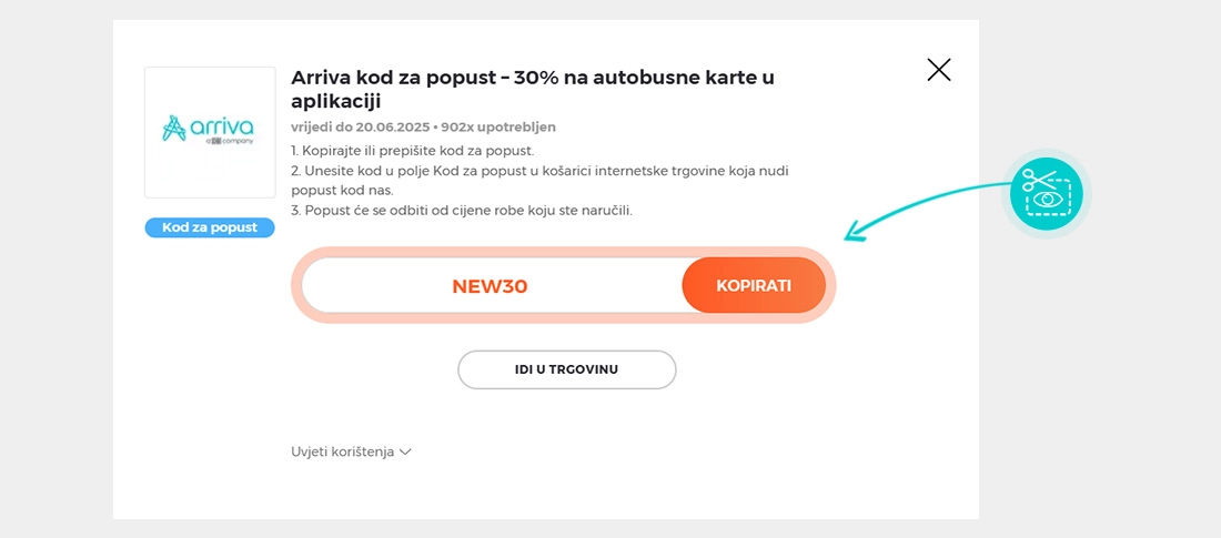 Upute za kopiranje koda za popust Arriva