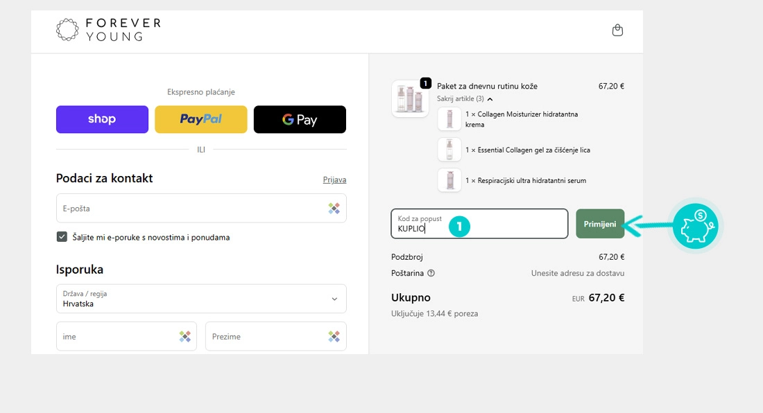 Upute kako primijeniti kod za popust u košarici internetske trgovine Forever Young