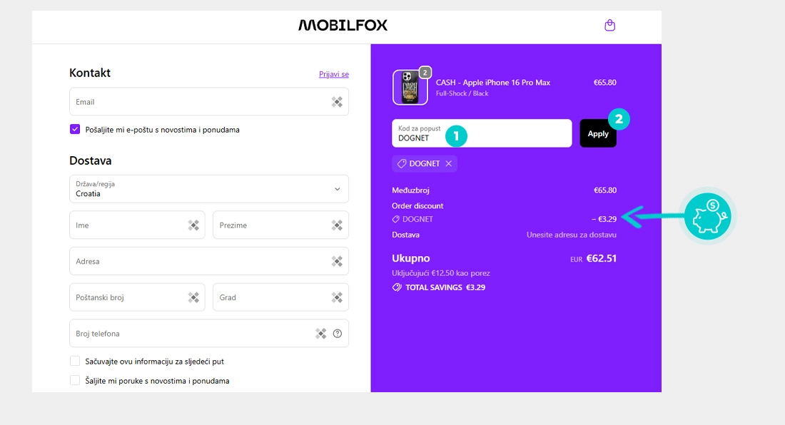 Upute kako primijeniti kod za popust u košarici internetske trgovine Mobilfox