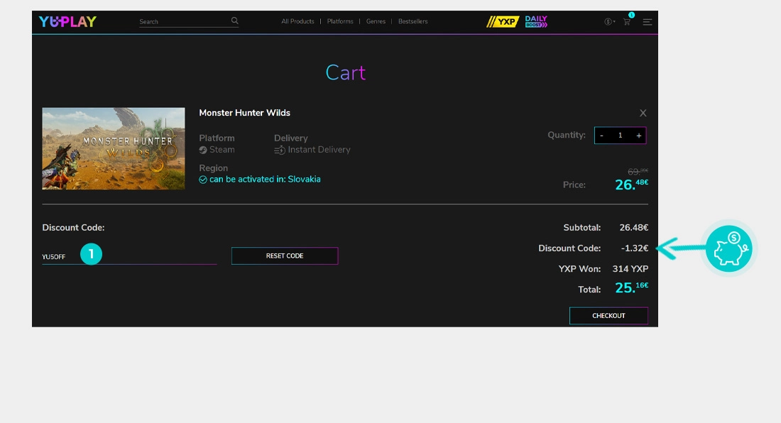 Upute kako primijeniti kod za popust u košarici internetske trgovine Yuplay