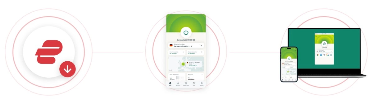 ExpressVPN logo, aplikacija i prikaz na telefonu i laptopu
