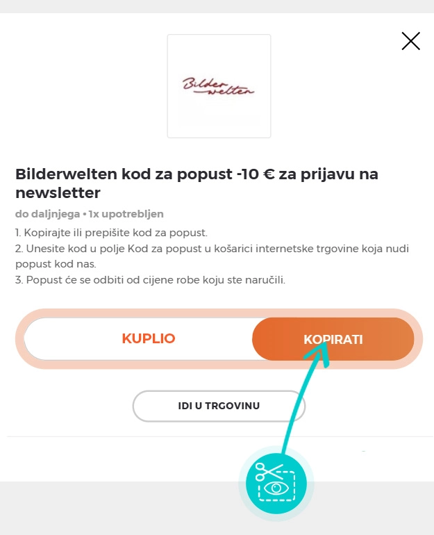 Upute za kopiranje koda za popust Bilderwelten