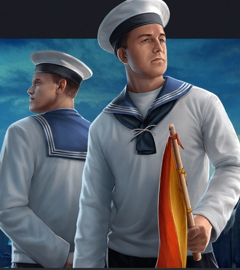 Dva mornara u uniformama, jedan drži signalnu zastavu