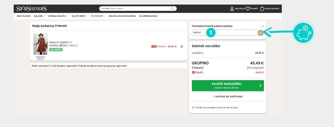 Upute kako primijeniti kod za popust u košarici internetske trgovine StarShiners