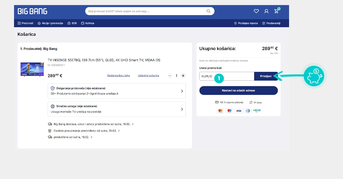 Upute kako primijeniti kod za popust u košarici internetske trgovine Big Bang