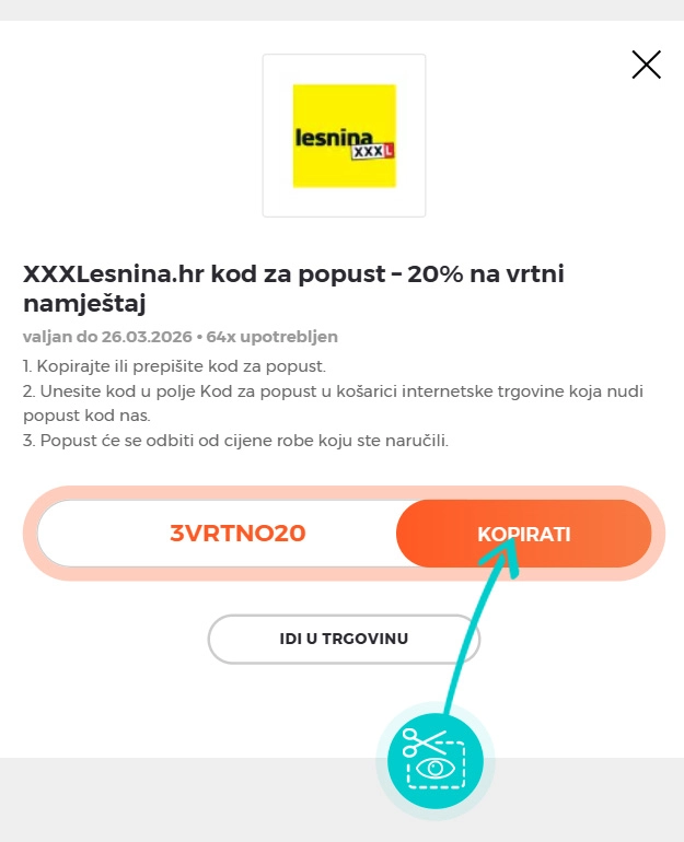 Upute za kopiranje koda za popust Lesnina XXXL