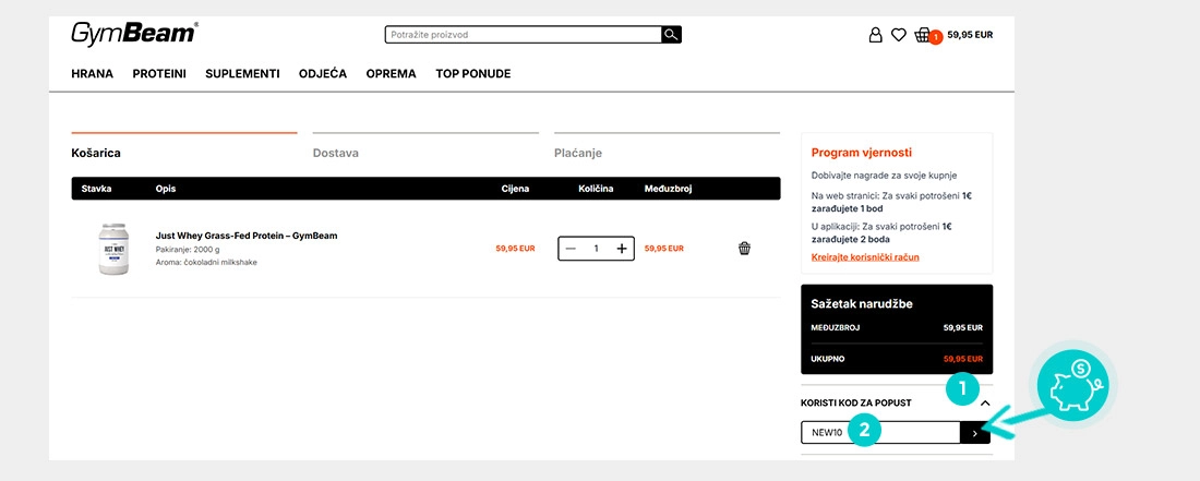 Upute kako primijeniti kod za popust u košarici internetske trgovine GymBeam