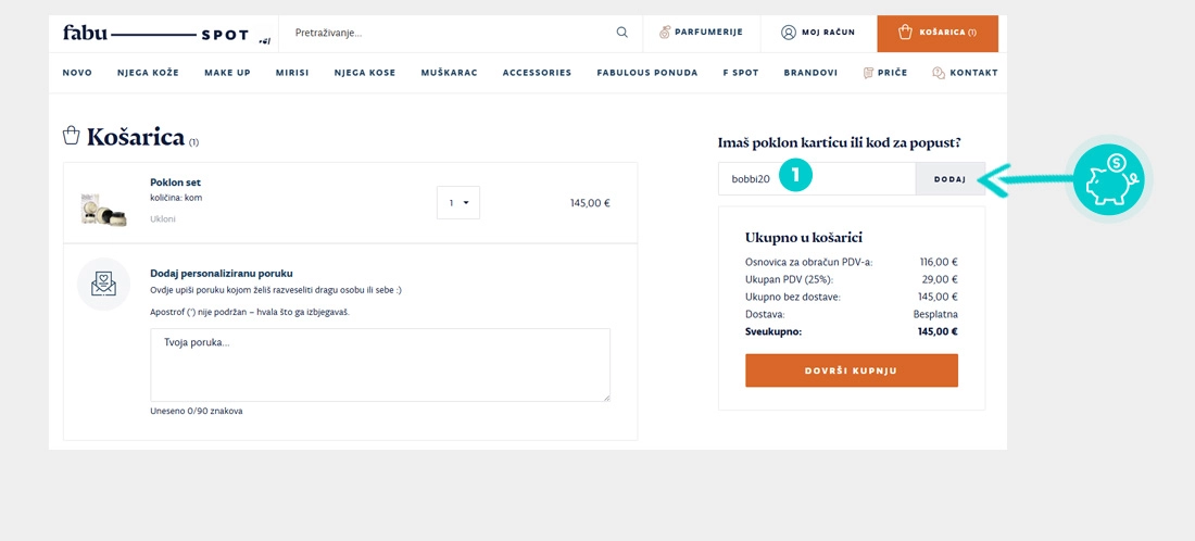 Upute kako primijeniti kod za popust u košarici internetske trgovine FABUspot