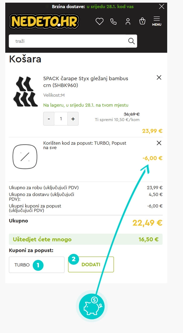 Upute kako primijeniti kod za popust u košarici internetske trgovine Nedeto