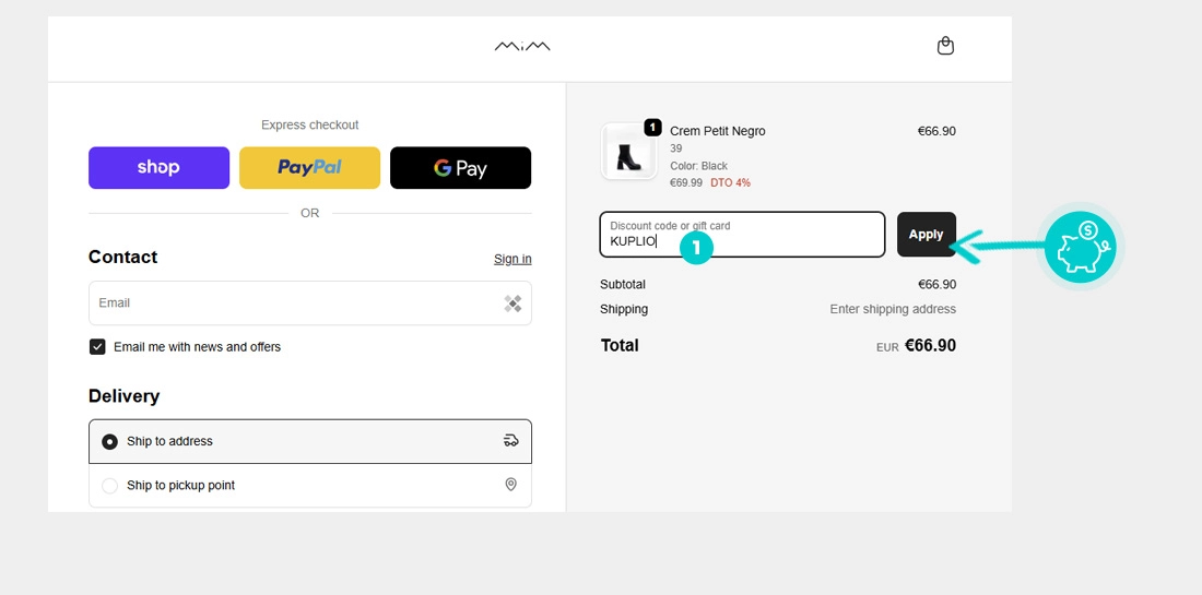 Upute kako primijeniti kod za popust u košarici internetske trgovine MIM