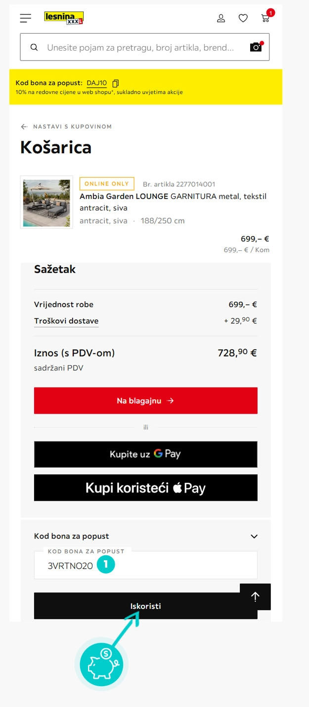 Upute kako primijeniti kod za popust u košarici internetske trgovine Lesnina XXXL