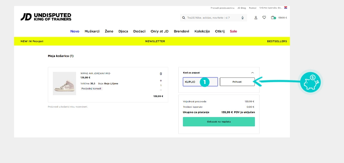 Upute kako primijeniti kod za popust u košarici internetske trgovine JD Sports
