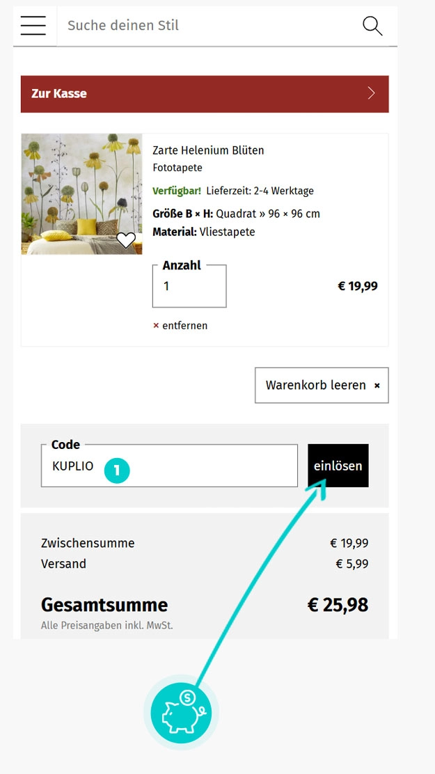 Upute kako primijeniti kod za popust u košarici internetske trgovine Bilderwelten