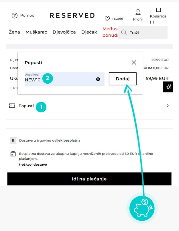 Upute kako primijeniti kod za popust u košarici internetske trgovine Reserved