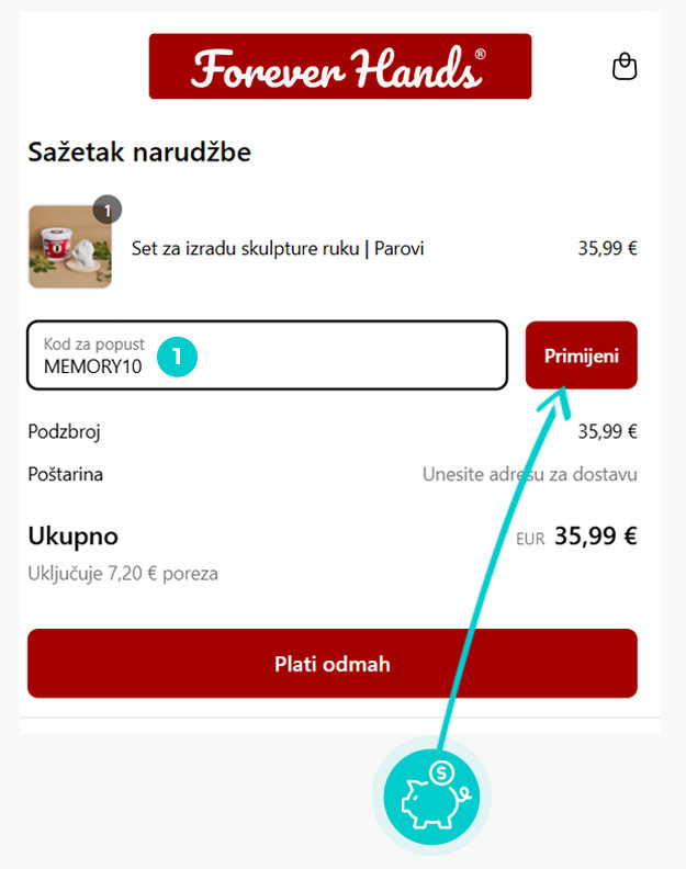 Upute kako primijeniti kod za popust u košarici internetske trgovine Forever Hands