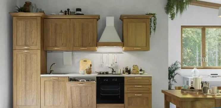 Kuhinja s braon drvenim ormarićima i modernim uređajima