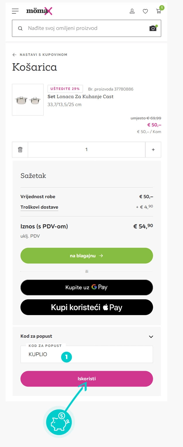 Upute kako primijeniti kod za popust u košarici internetske trgovine Mömax