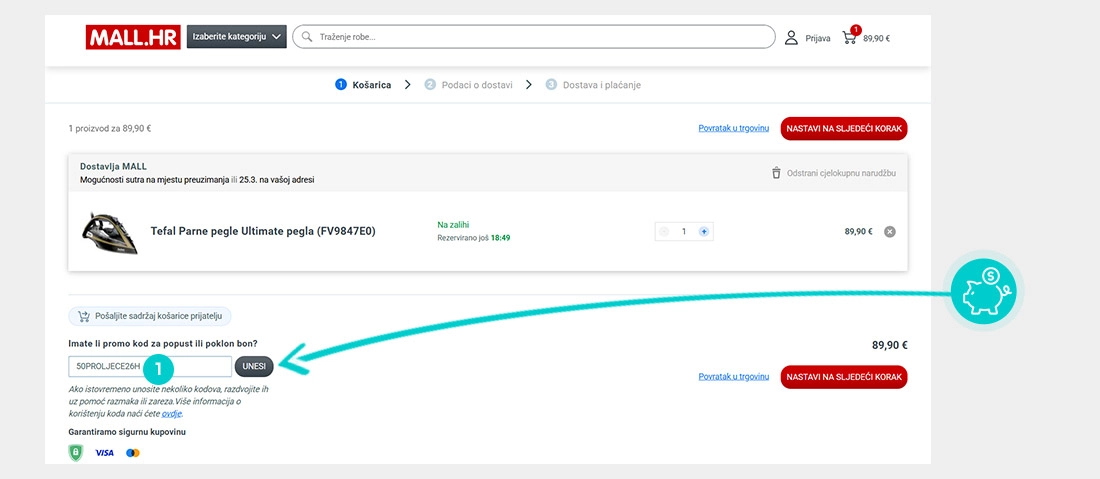 Upute kako primijeniti kod za popust u košarici internetske trgovine Mall.hr