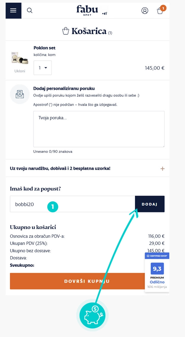 Upute kako primijeniti kod za popust u košarici internetske trgovine FABUspot