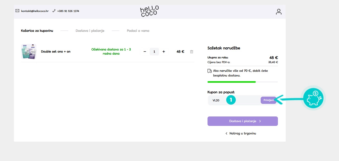 Upute kako primijeniti kod za popust u košarici internetske trgovine Hello Coco