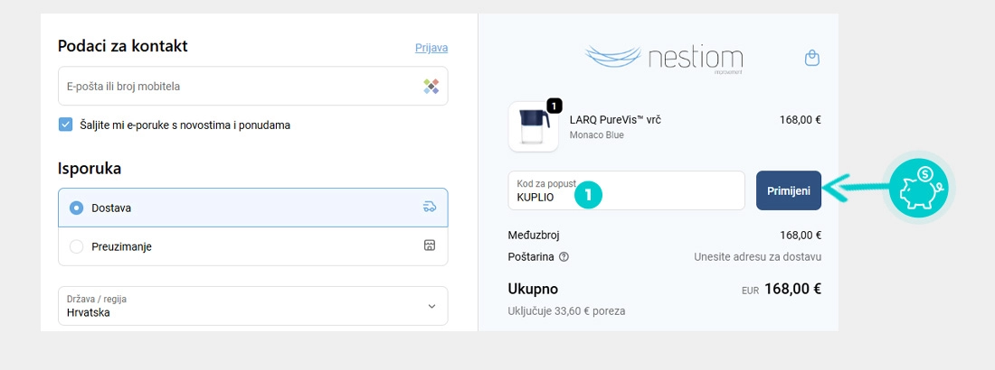 Upute kako primijeniti kod za popust u košarici internetske trgovine Nestiom