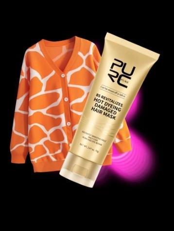 Ženski narandžasti kardigan i kozmetički proizvod