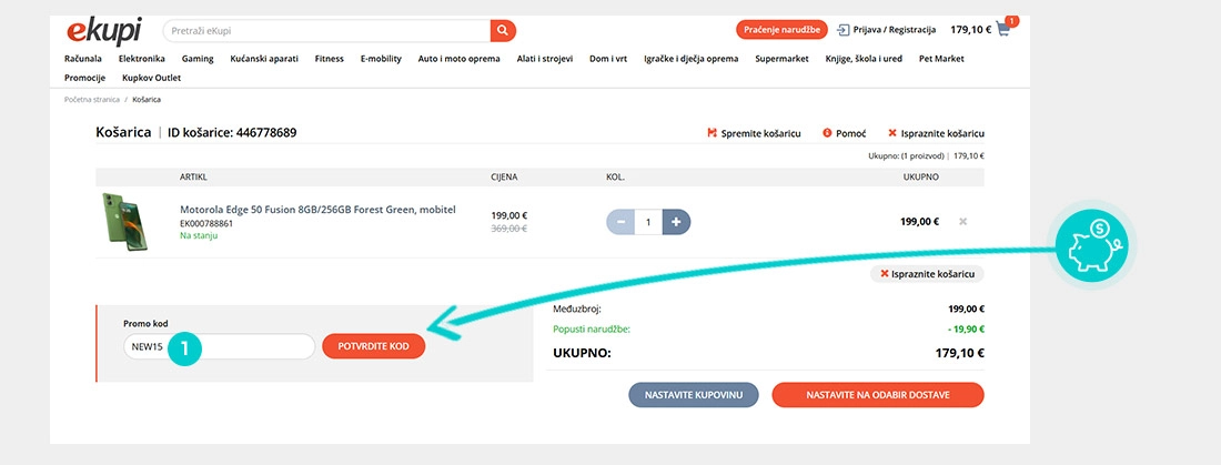 Upute kako primijeniti kod za popust u košarici internetske trgovine eKupi
