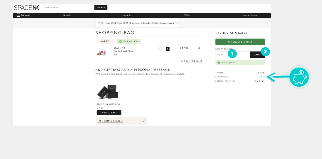 Upute kako primijeniti kod za popust u košarici internetske trgovine Space NK