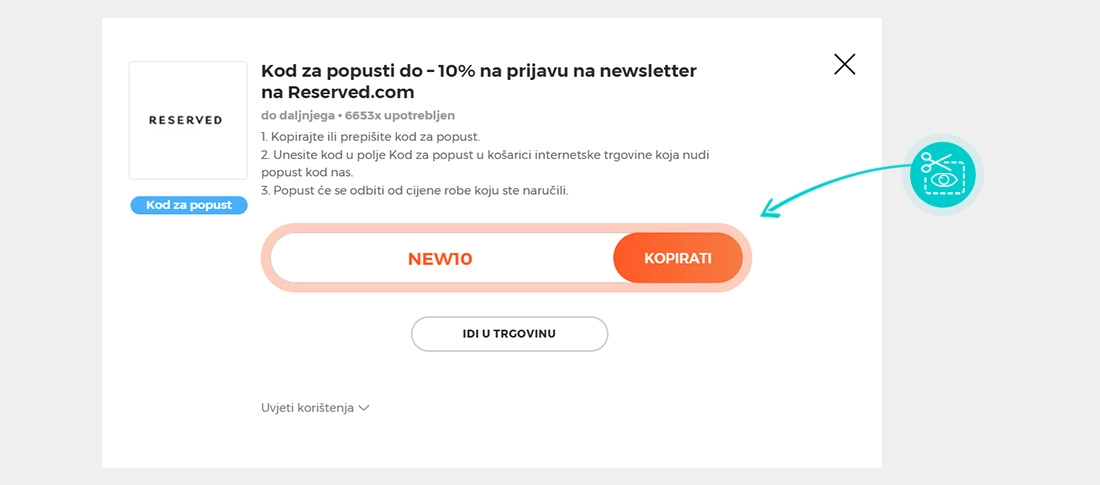 Upute za kopiranje koda za popust Reserved