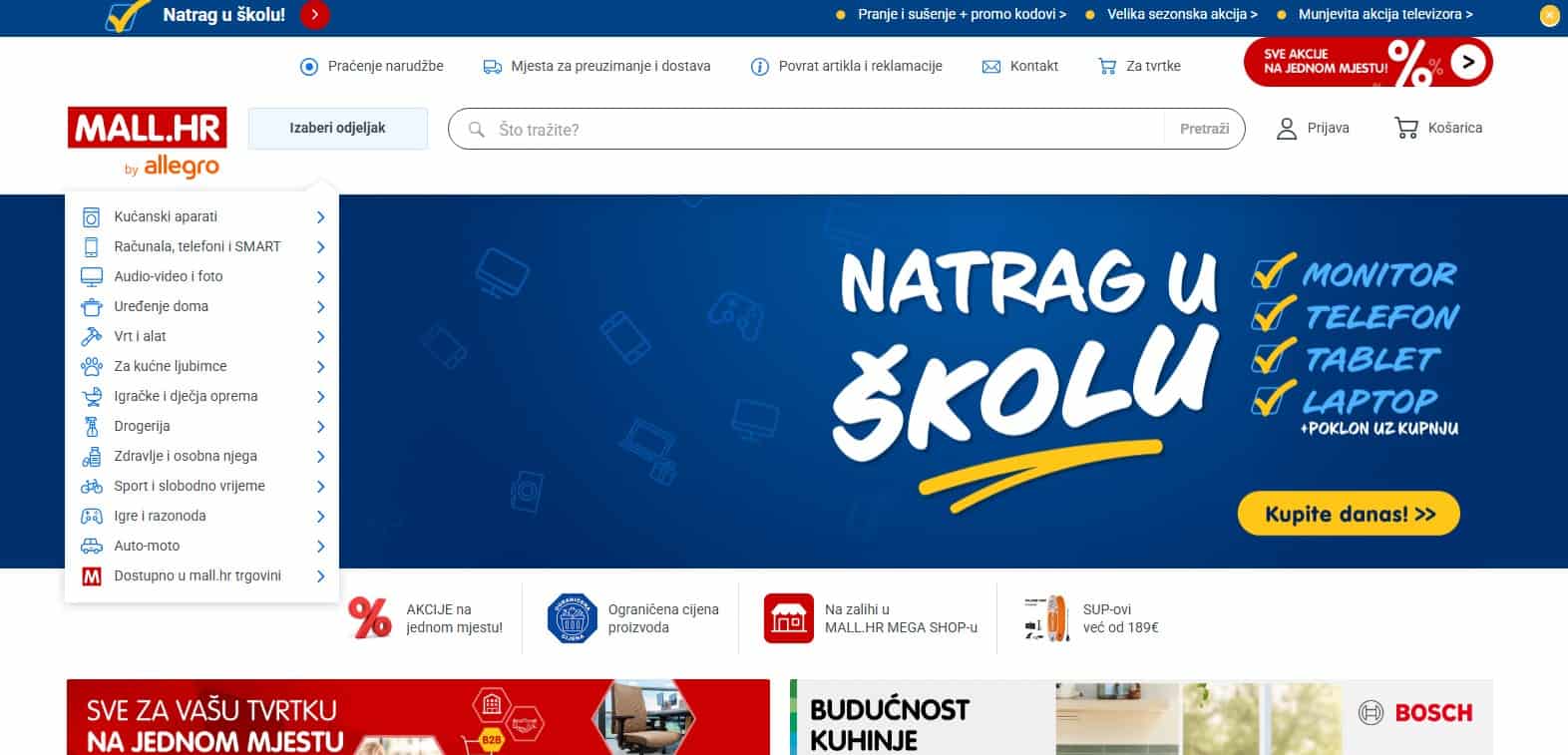 Naslovnica webshopa s plavom pozadinom i akcijom povratak u školu