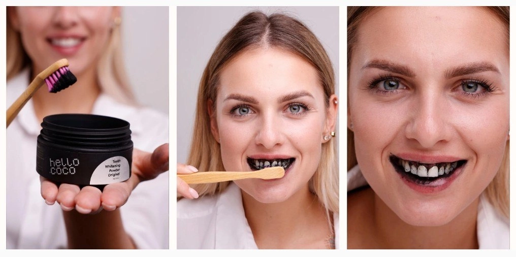 djevojka pokazuje postupak procedure za izbjeljivanje zubi