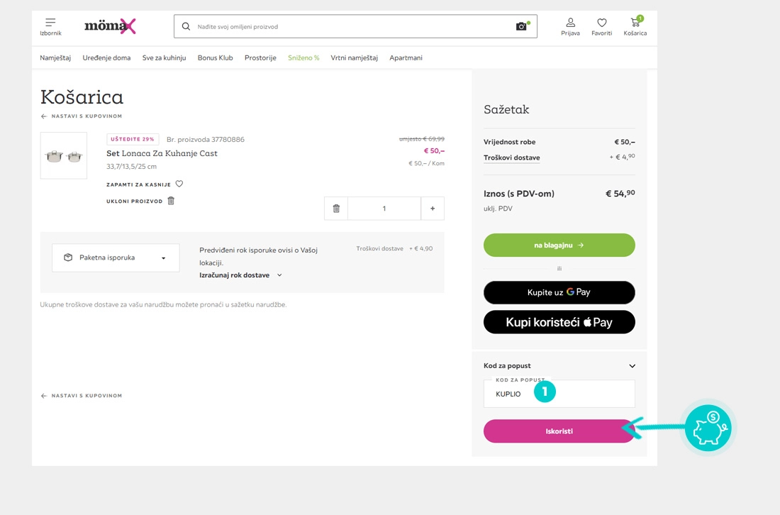 Upute kako primijeniti kod za popust u košarici internetske trgovine Mömax